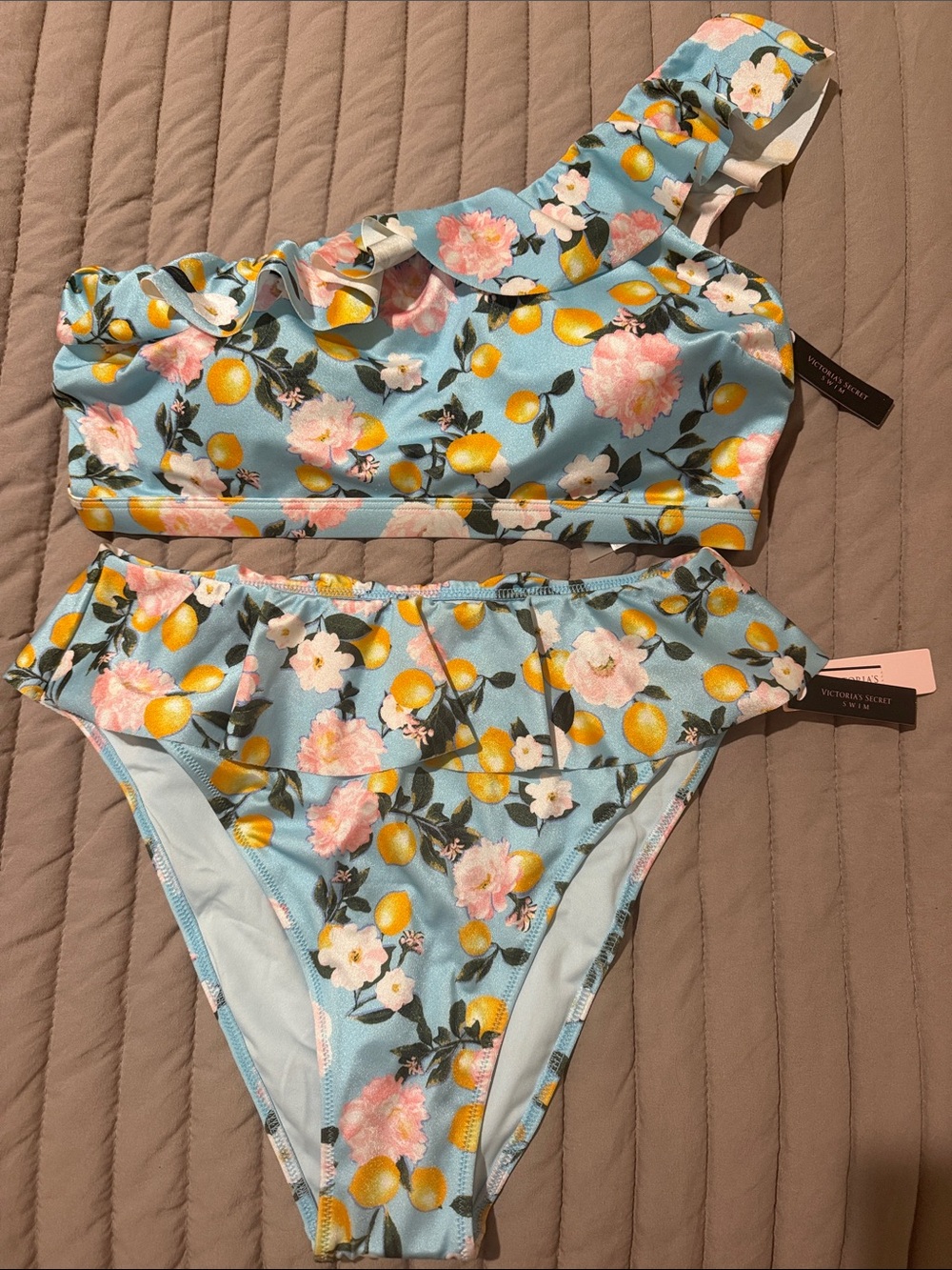 Victoria’s Secret One-Shoulder Floral Lemon Bikini Set - Light Blue